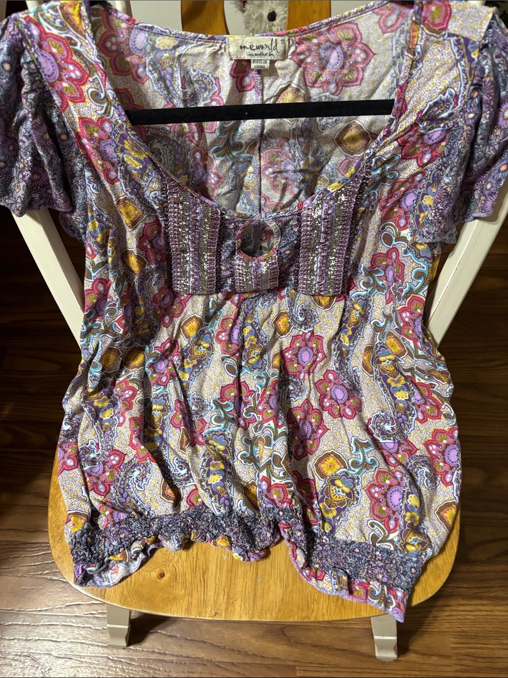 ONE WORLD Purple Paisley Smocked Scoop Neck Blouse